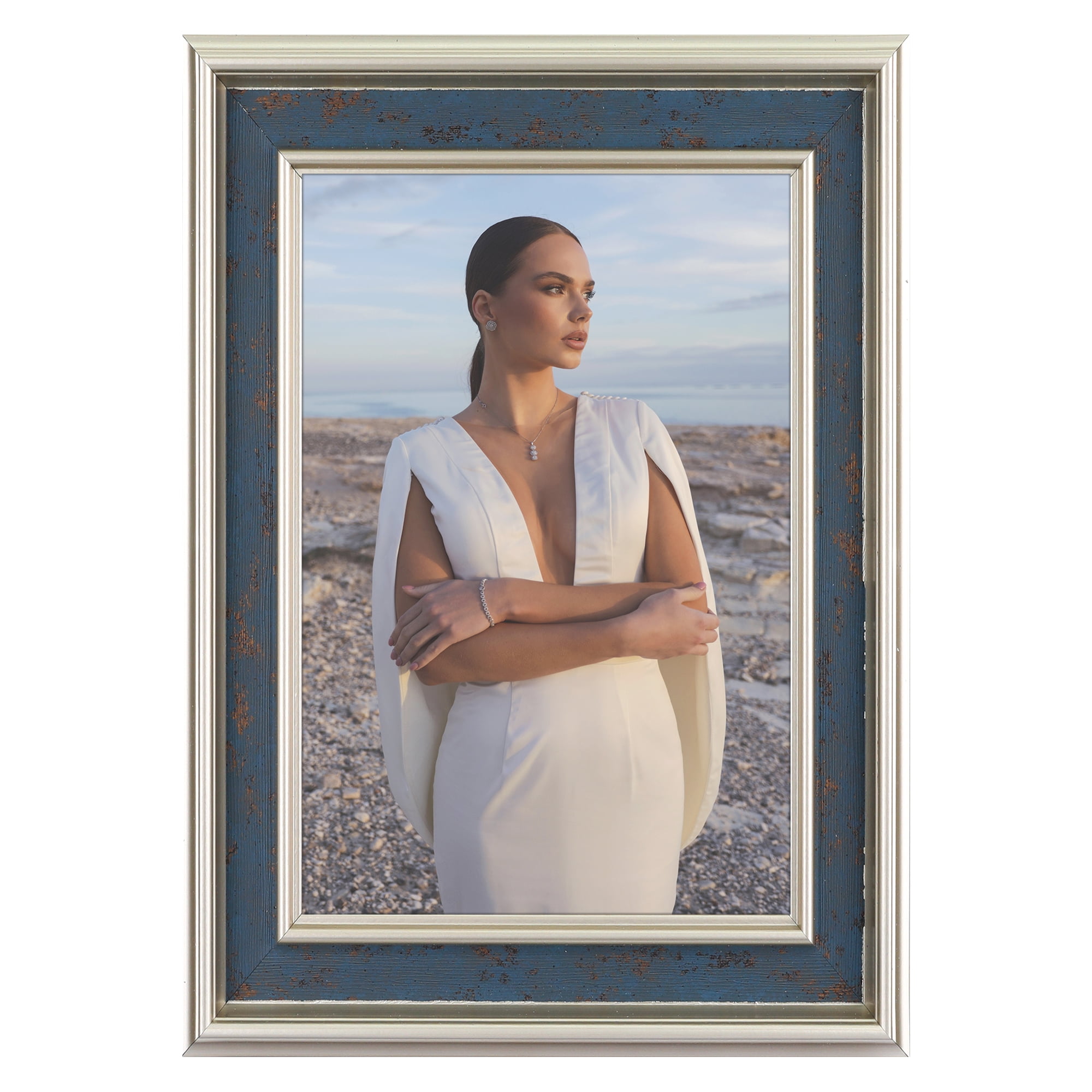 Unique Bargains Retro Picture Frame for Tabletop Display Wall Hanging Blue and Silver 5x7