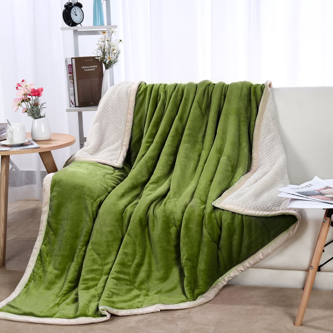Unique Bargains Reversible 3 Layers Fleece Blanket Green Queen78" x 90"