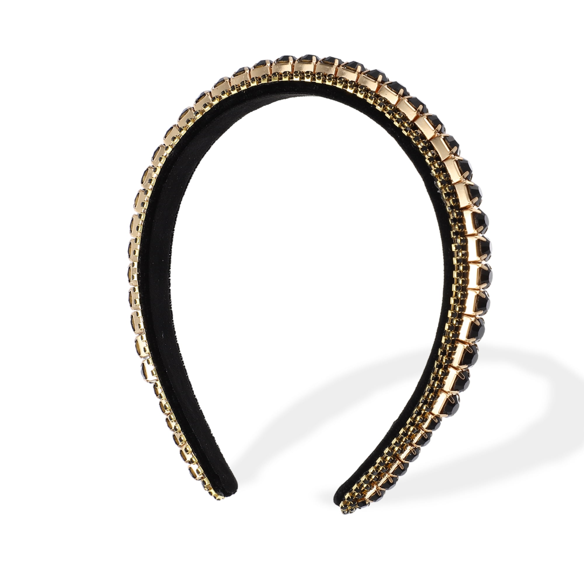 Black Metallic Rhinestones Headband Black Velvet Deep Padded Puffy Headband Silver Crystal  main image 3