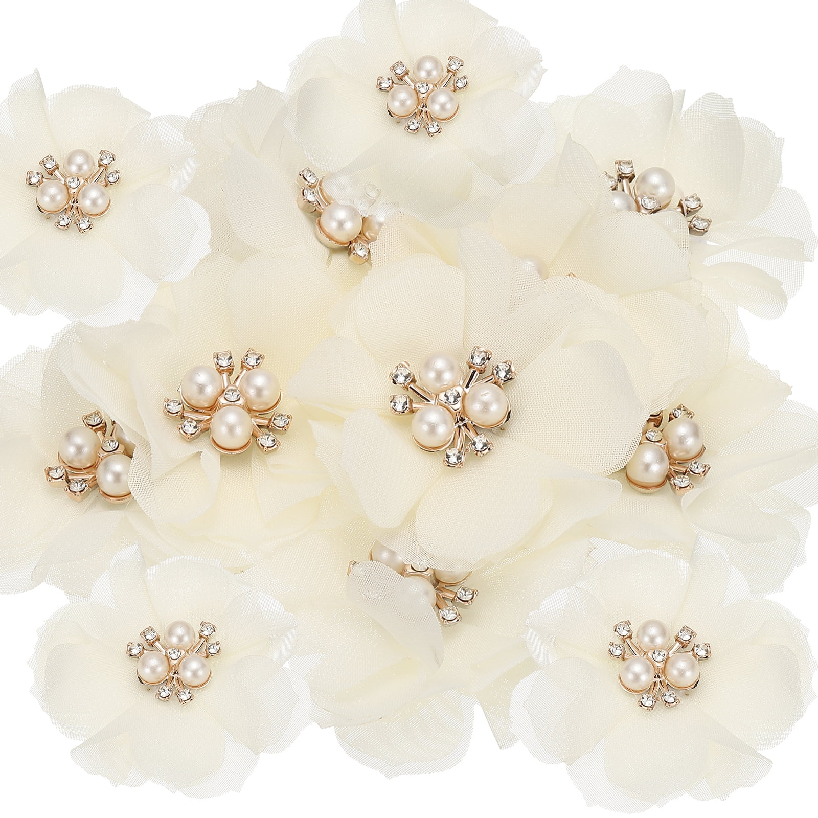 Unique Bargains Rhinestone Pearl Chiffon Flower Embellishments Beige
