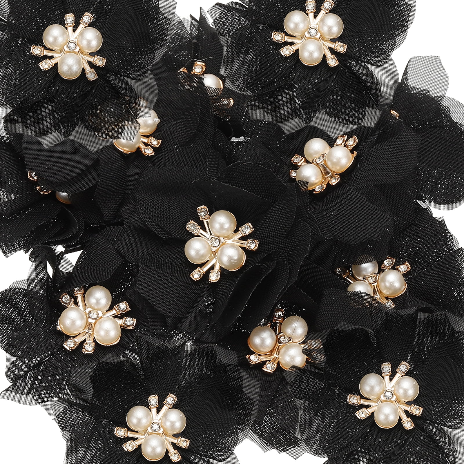 Unique Bargains Rhinestone Pearl Chiffon Flower Embellishments Black
