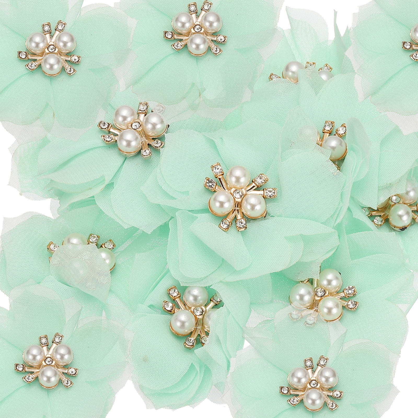 Unique Bargains Rhinestone Pearl Chiffon Flower Embellishments Light Green
