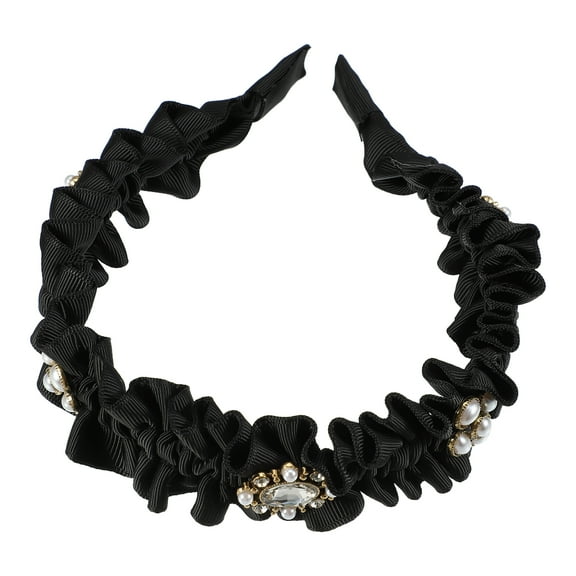 Unique Bargains Rhinestone Pleated Headband Faux Pearl Headband Women Hairband Black