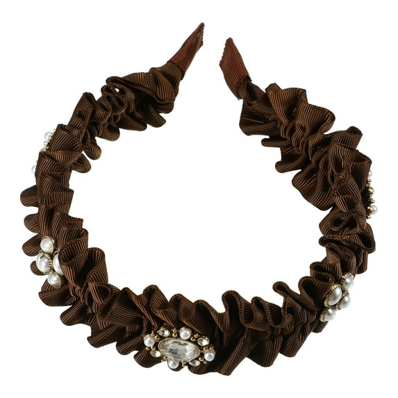 Unique Bargains Rhinestone Pleated Headband Faux Pearl Headband Women Hairband Brown