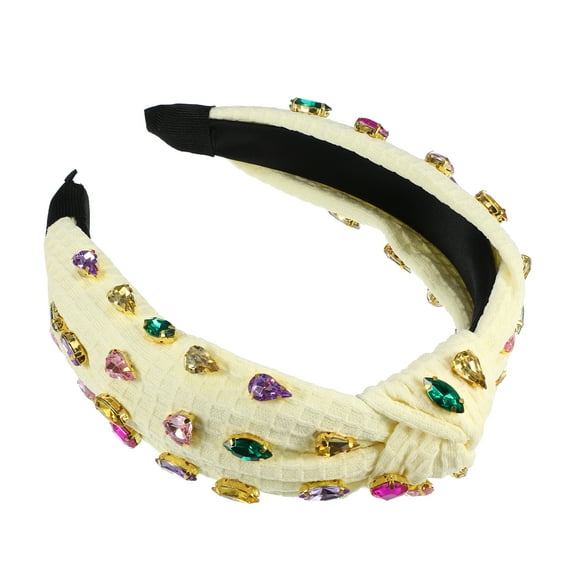 Unique Bargains Rhinestone Retro Knotted Headband Beige 5.12"x1.26" Non-slip Wide Headband for Girl Women