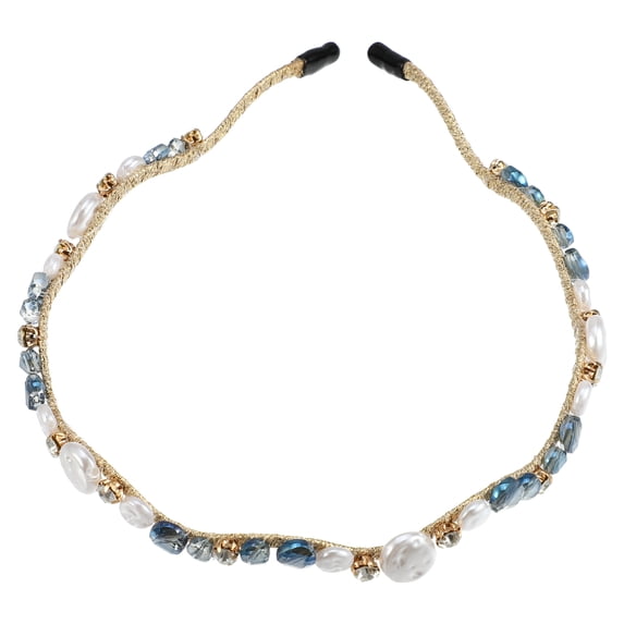 Unique Bargains Rhinestone Vintage Wavy Headband Faux Pearl Headband Women Hairband Navy Blue
