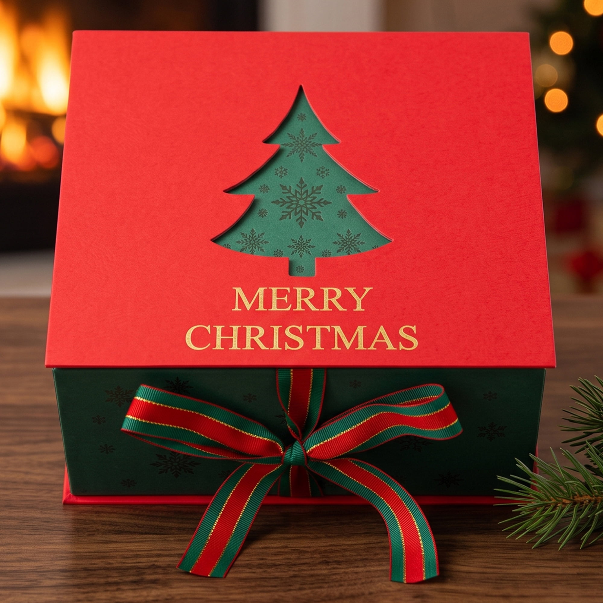 Unique Bargains Rigid Present Box with Christmas Tree Pattern Red 7.9" x 6.7" x 3.7"
