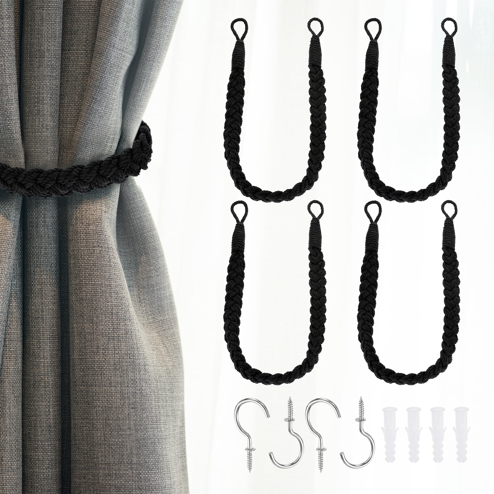 Unique Bargains Rope Curtain Tieback Cotton Hand-Woven Curtain Drapes Holdbacks 4Pcs Black