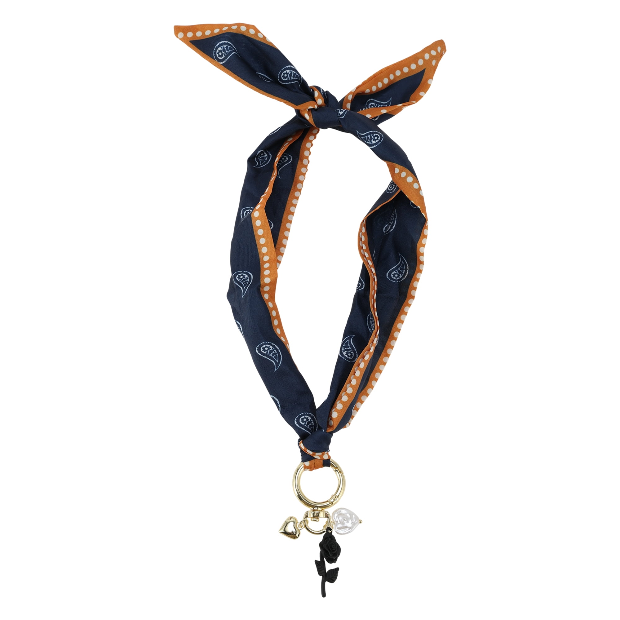 Unique Bargains Rose Flower Scarf Necklace with Charm Adjustable Tie Navy Blue Orange 1 Pc