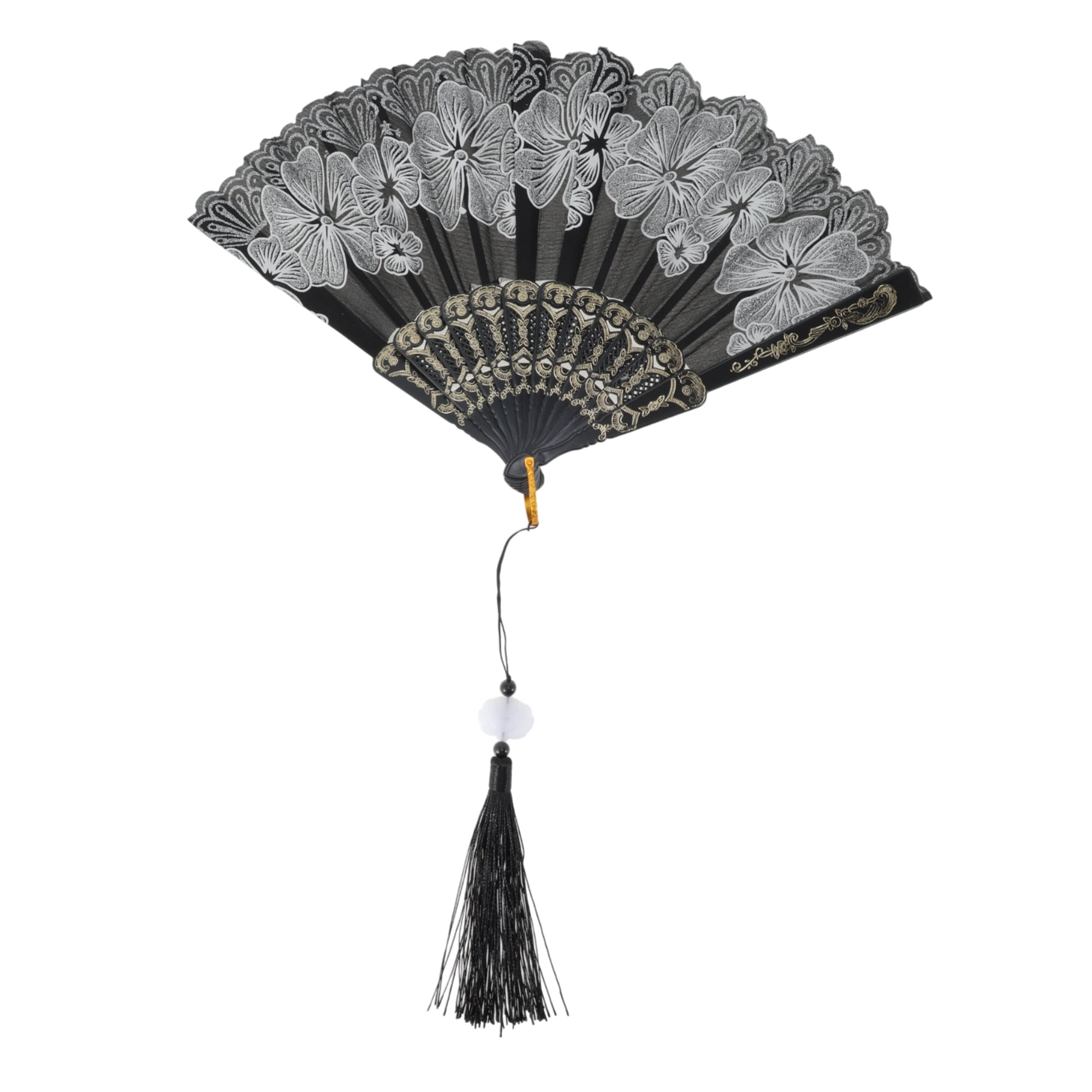 Unique Bargains Rose Lace Folding Fan with Tassel for Weddings and Parties in Silver Tone, 1 Pc