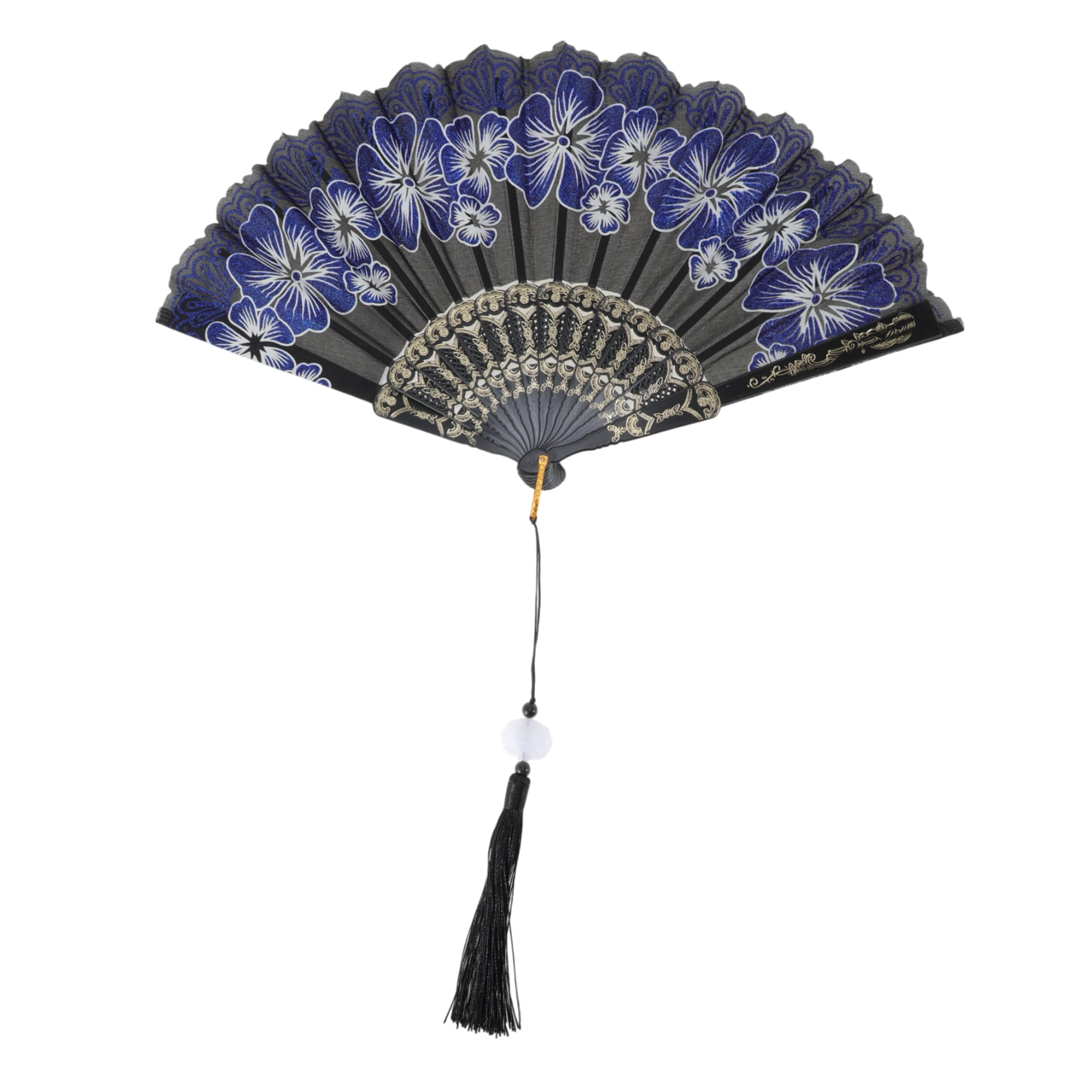 Unique Bargains Rose Lace with Tassel Folding Fan for Weddings and Parties 1 Pc Blue