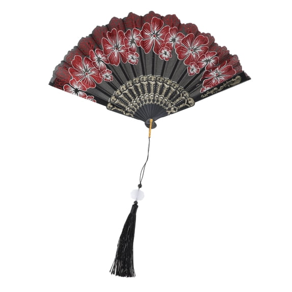 Unique Bargains Rose Lace with Tassel Folding Fan for Weddings and Parties 1 Pc Red