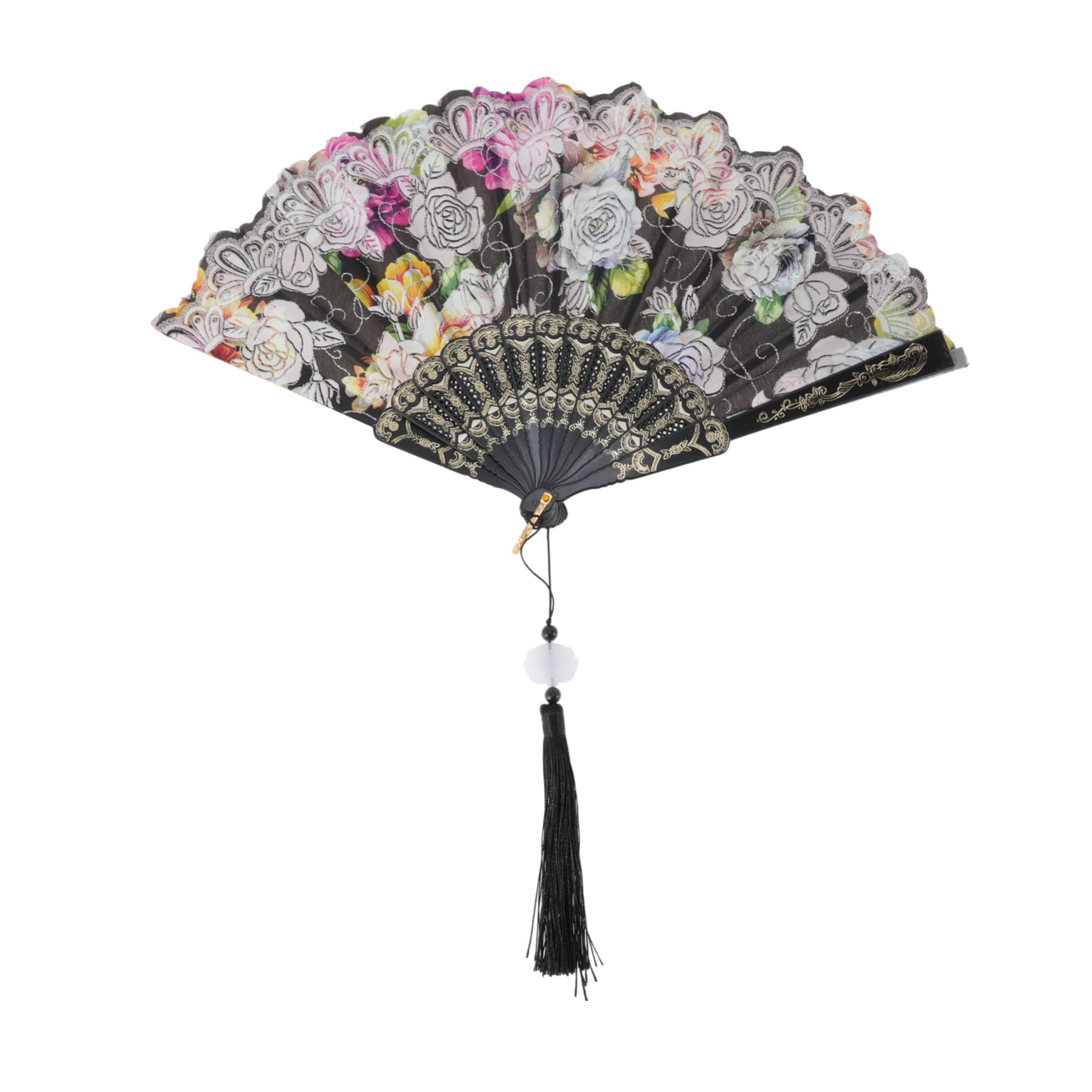 Unique Bargains Rose Print With Tassel Folding Fan 1 Pc For Events Decorations Black