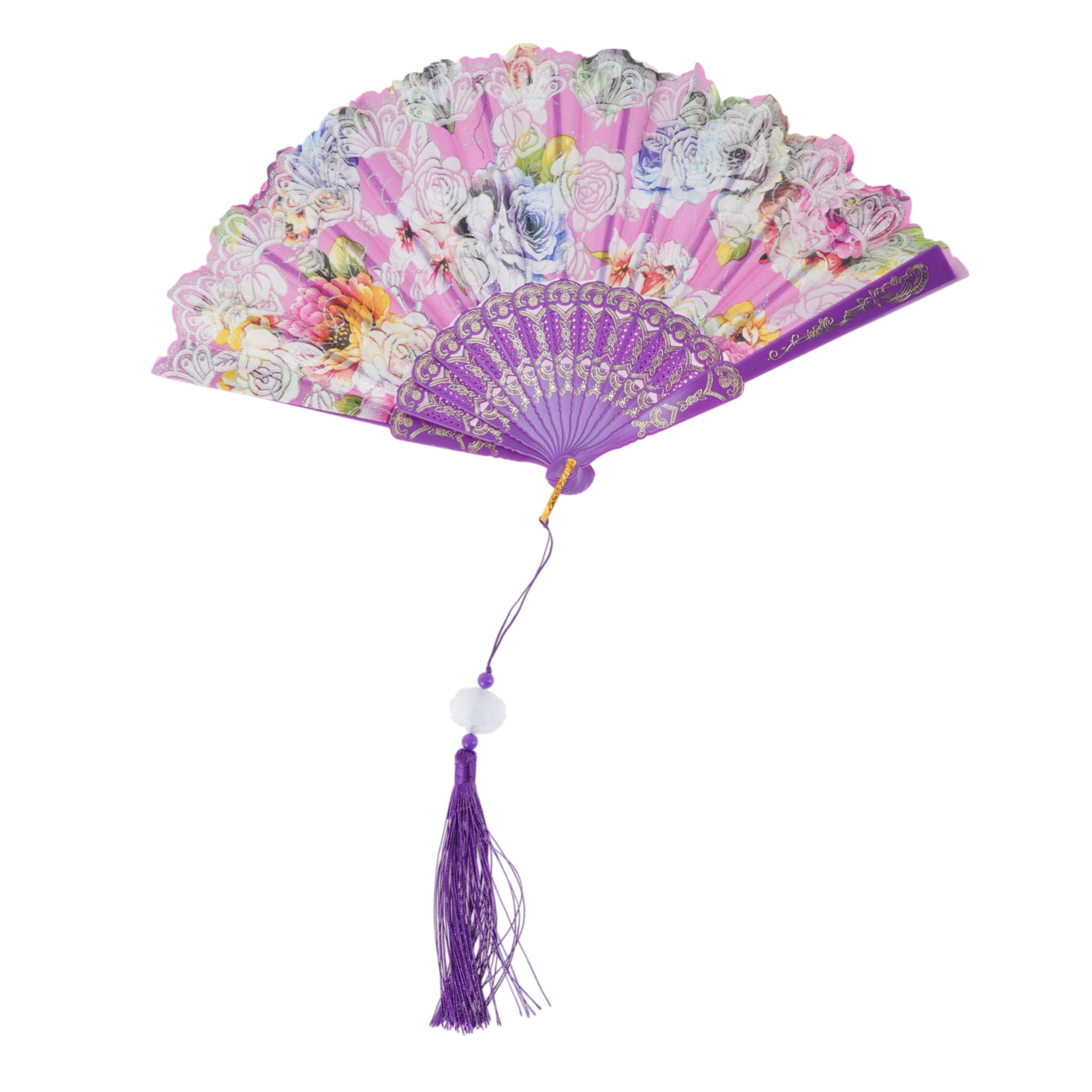 Unique Bargains Rose Print With Tassel Folding Fan 1 Pc For Summer Decorations Purple