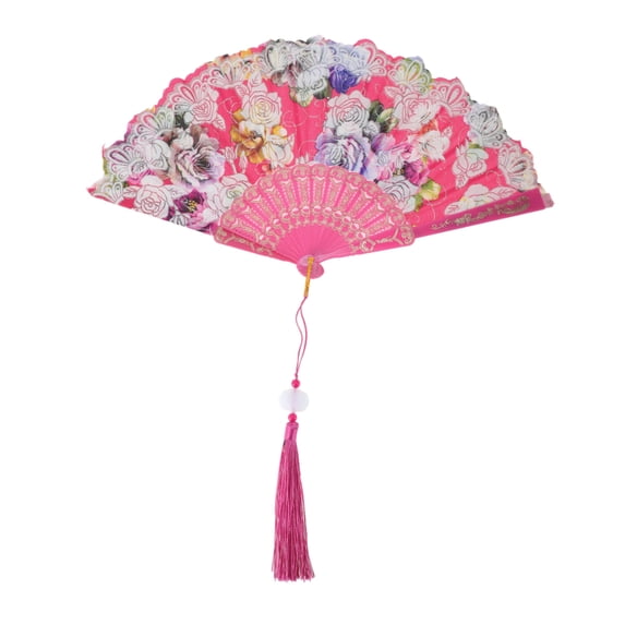 Unique Bargains Rose Print With Tassel Folding Fan 1 Pc For Summer Decorations Rose Red