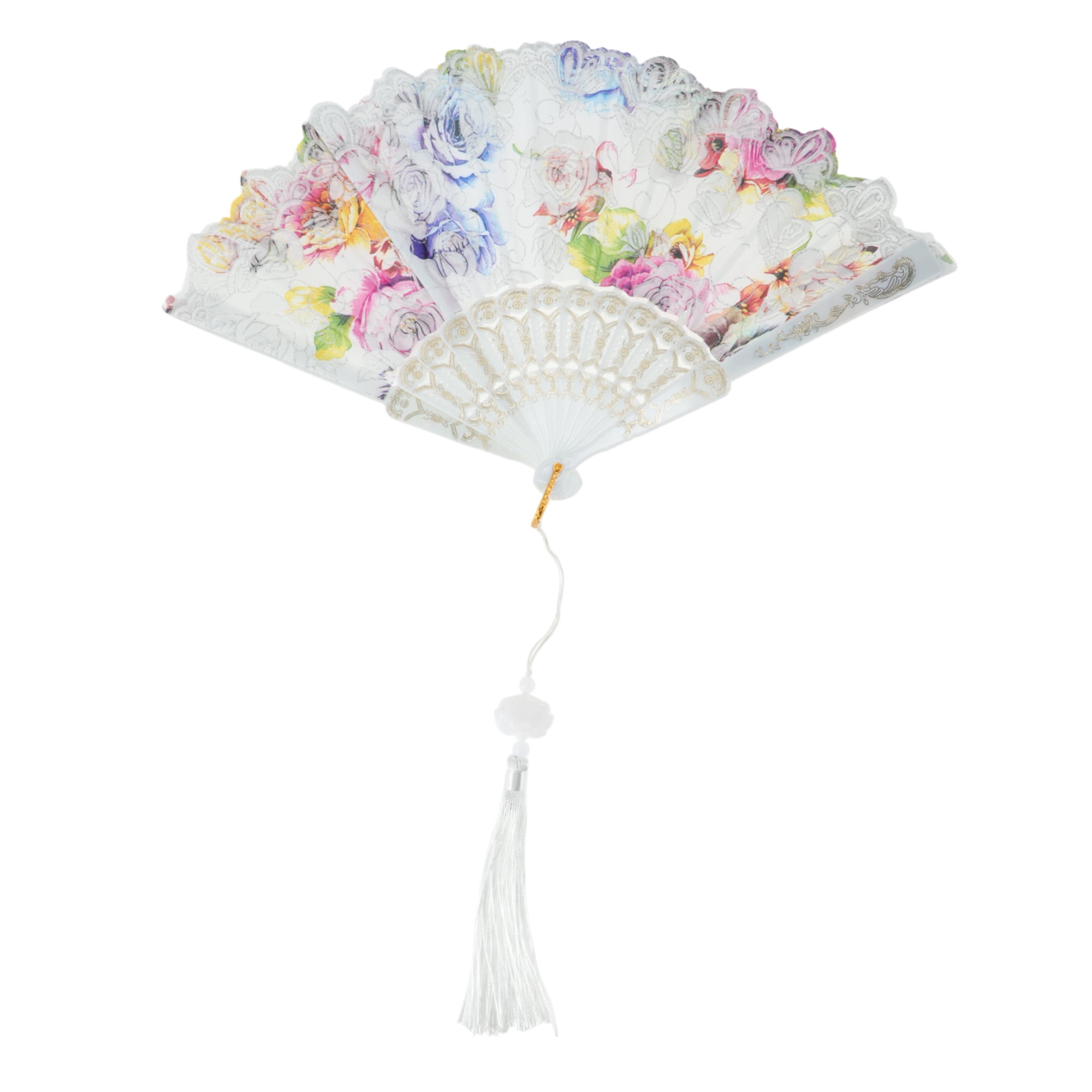 Unique Bargains Rose Print With Tassel Folding Fan 1 Pc For Summer Decorations White