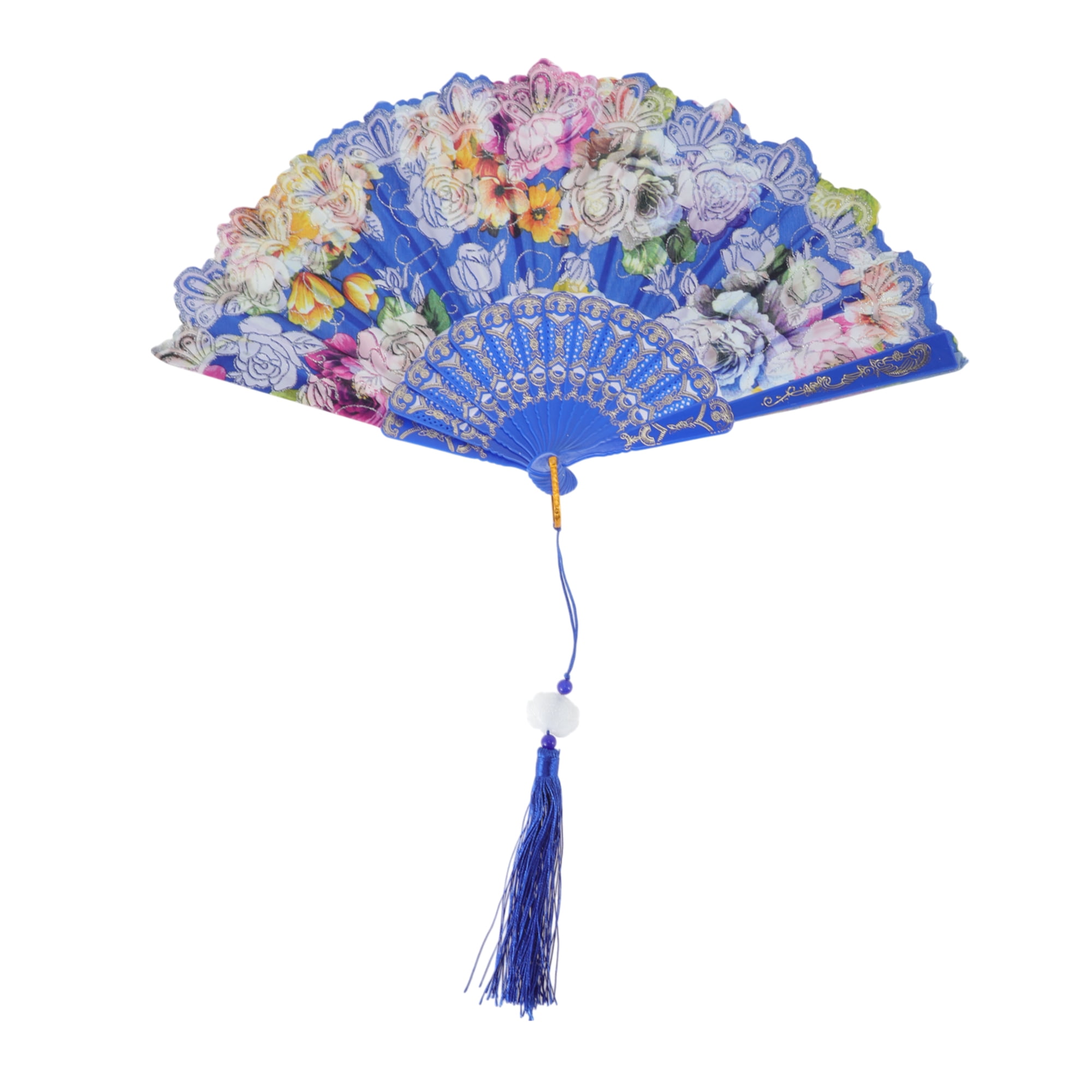 Unique Bargains Rose Print With Tassel Folding Fan 1 Pc For Summer Events Decorations Blue