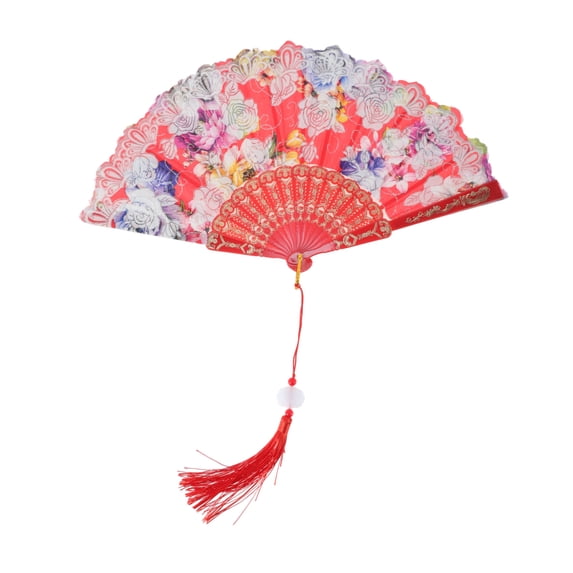 Unique Bargains Rose Print With Tassel Folding Fan 1 Pc For Summer Events Decorations Red