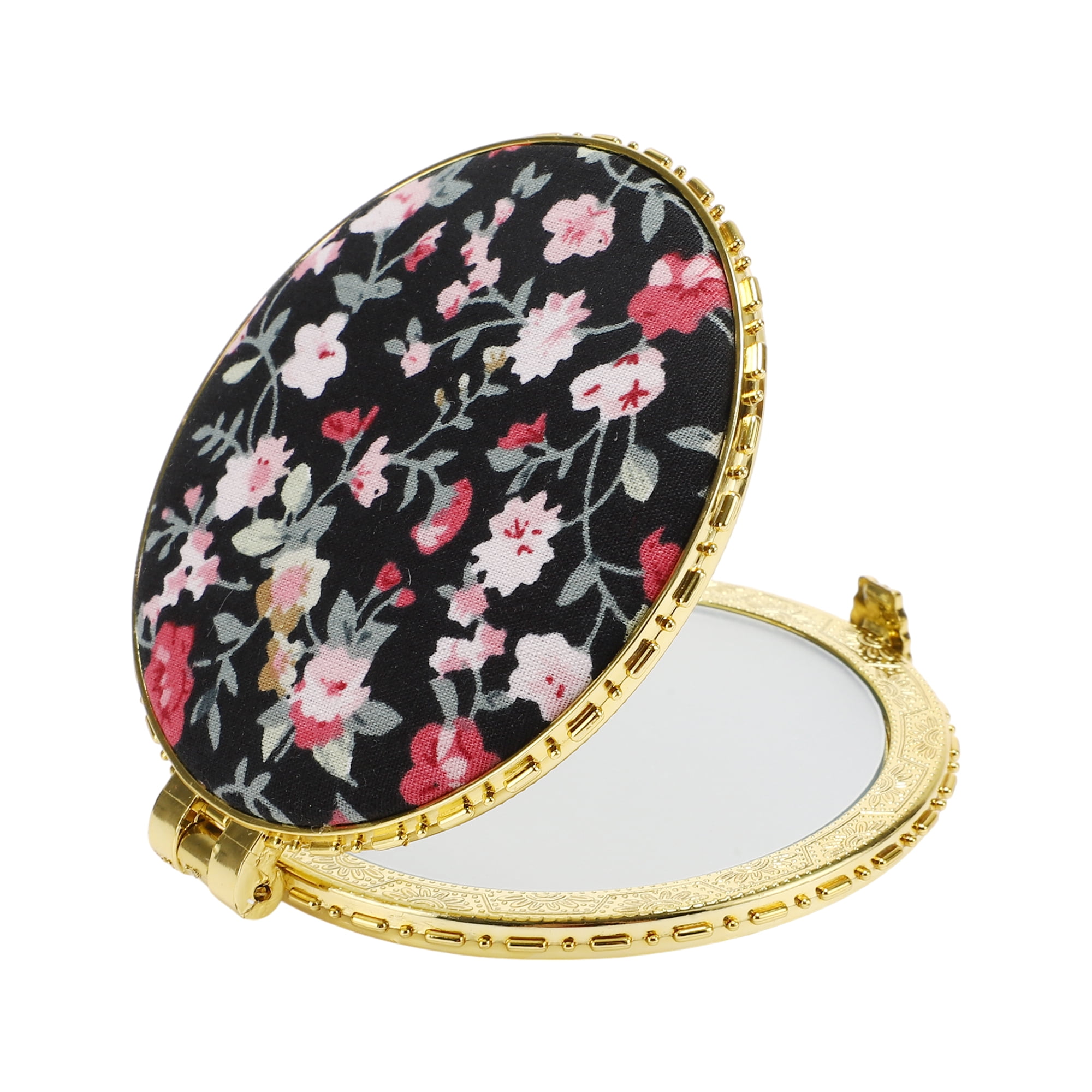 Unique Bargains Round Mini Floral Mirror for Women Purses Pocket Black