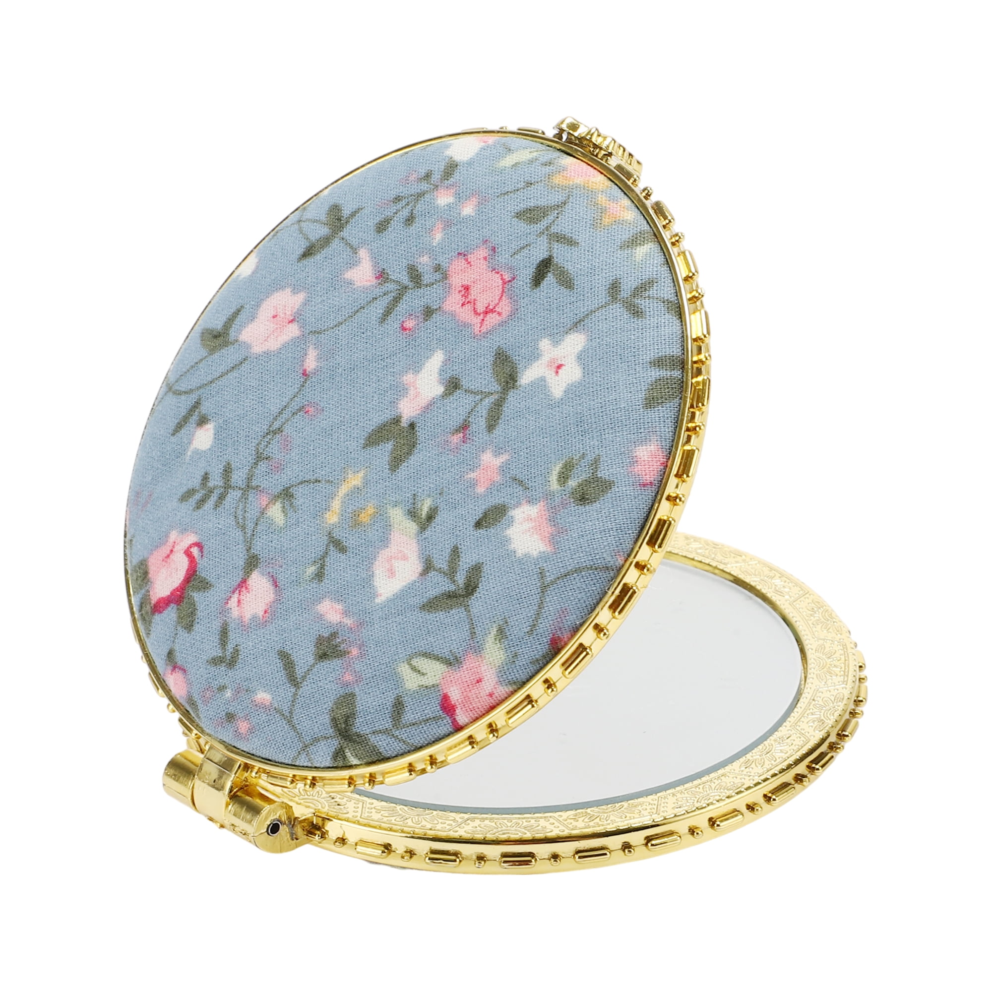 Unique Bargains Round Mini Floral Mirror for Women Purses Pocket Blue