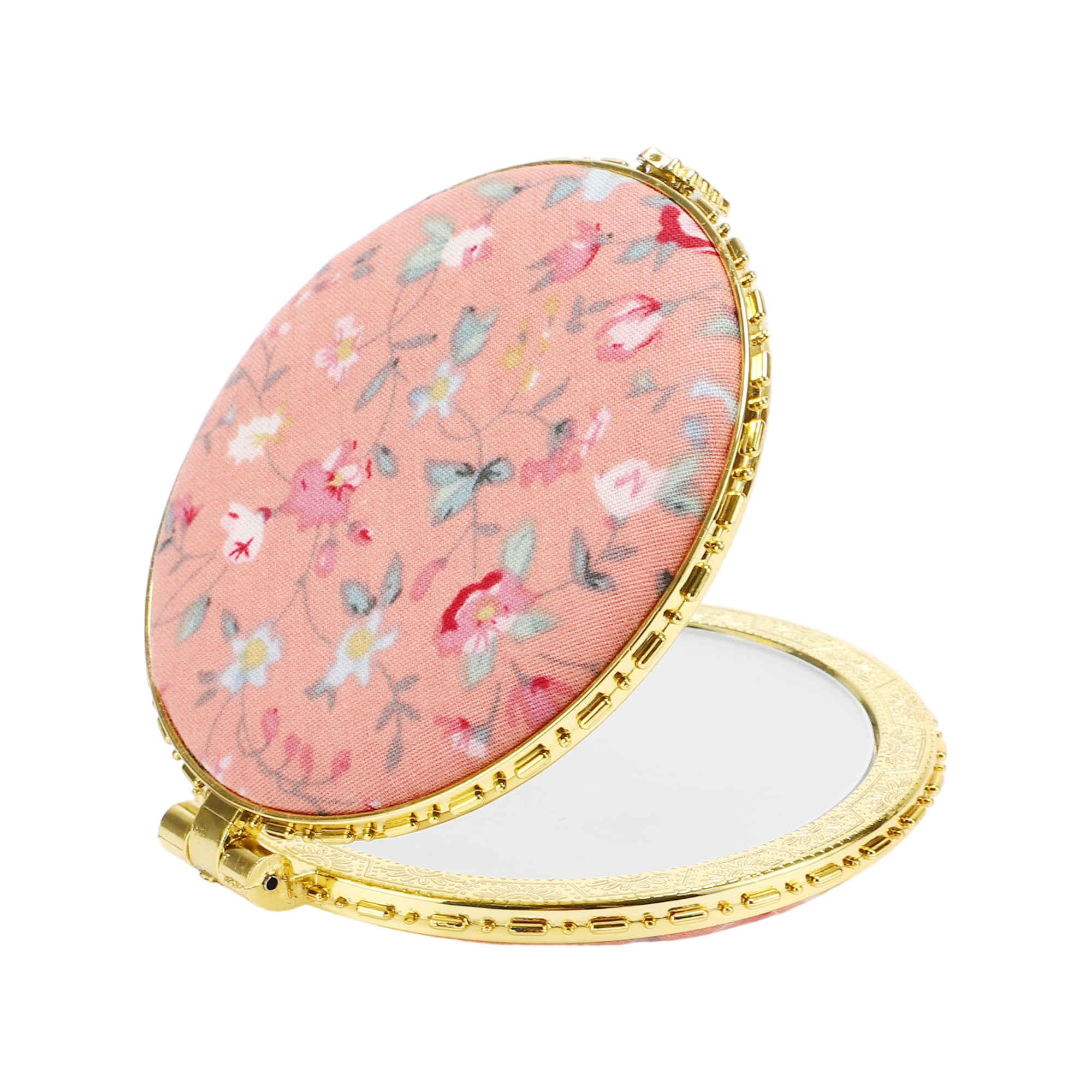 Unique Bargains Round Mini Floral Mirror for Women Purses Pocket Pink