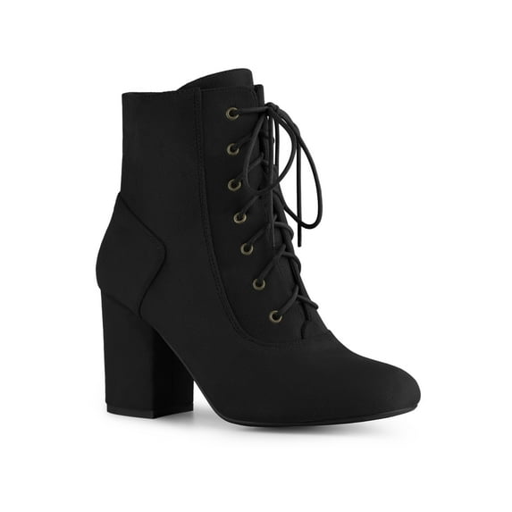 Unique Bargains Round Toe Chunky High Heel Lace Up Ankle Boots for Women