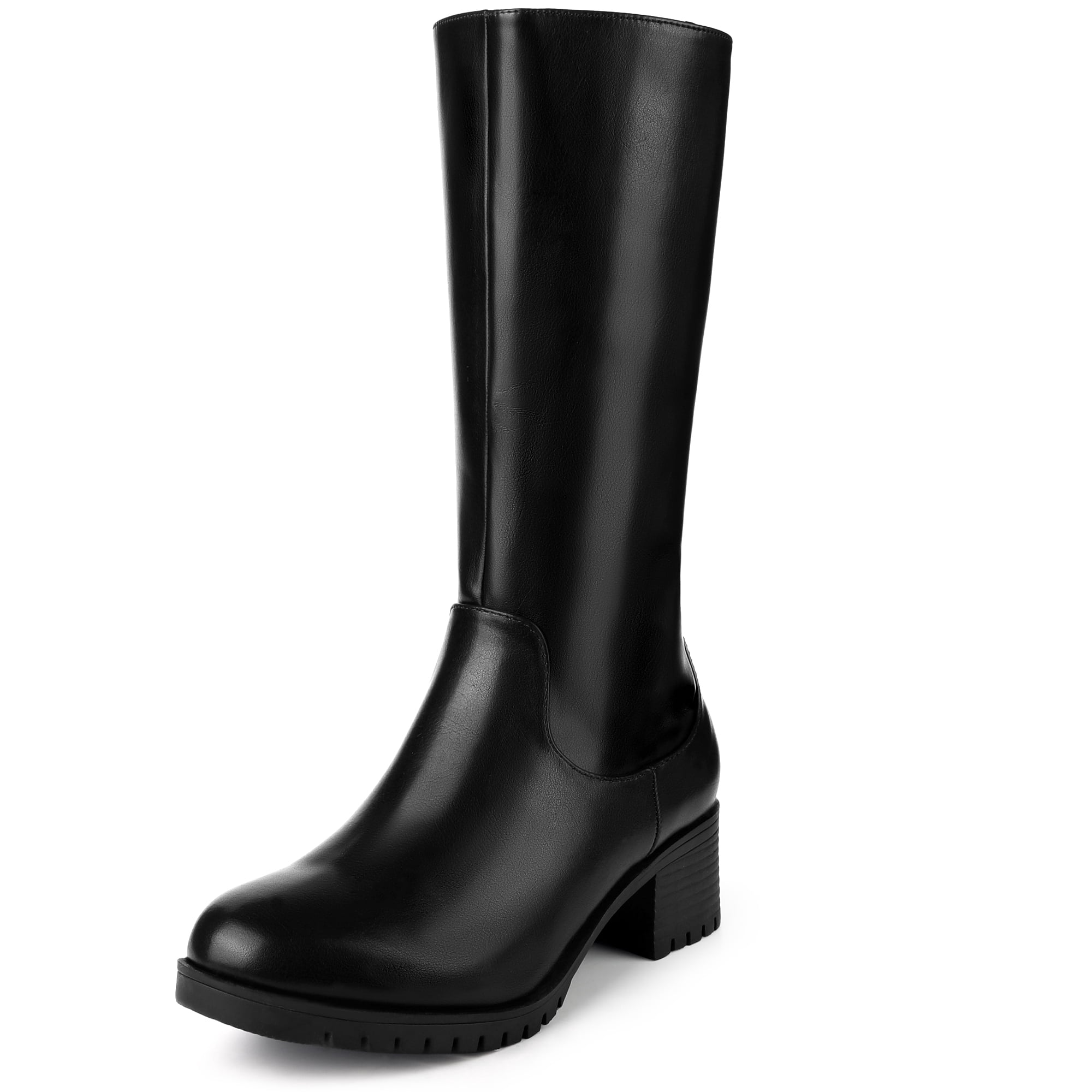 Unique Bargains Round Toe Side Zip Low Chunky Heels Mid Calf Boots for Women Black 8.5