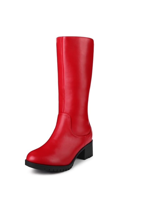 Round Toe Side Zip Low Chunky Heels Mid Calf Boots for Women Red 7.5