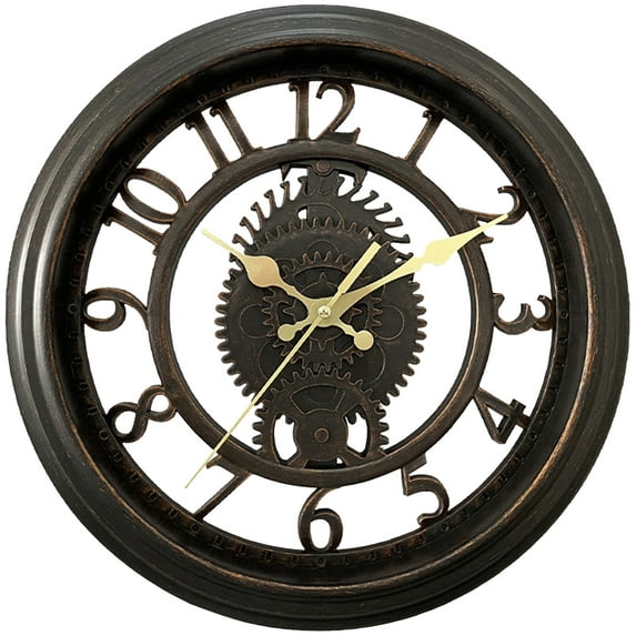 Unique Bargains Rustic Farmhouse Gear Clock with Moving Gears Wall Clock Black