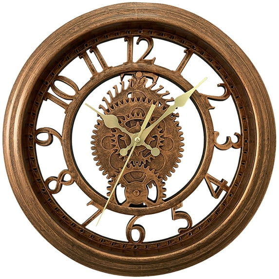 Unique Bargains Rustic Farmhouse Gear Clock with Moving Gears Wall Clock Brown