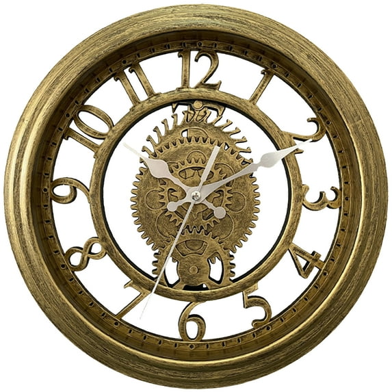 Unique Bargains Rustic Farmhouse Gear Clock with Moving Gears Wall Clock Gold