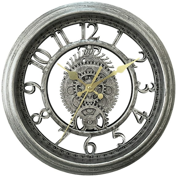 Unique Bargains Rustic Farmhouse Gear Clock with Moving Gears Wall Clock Silver