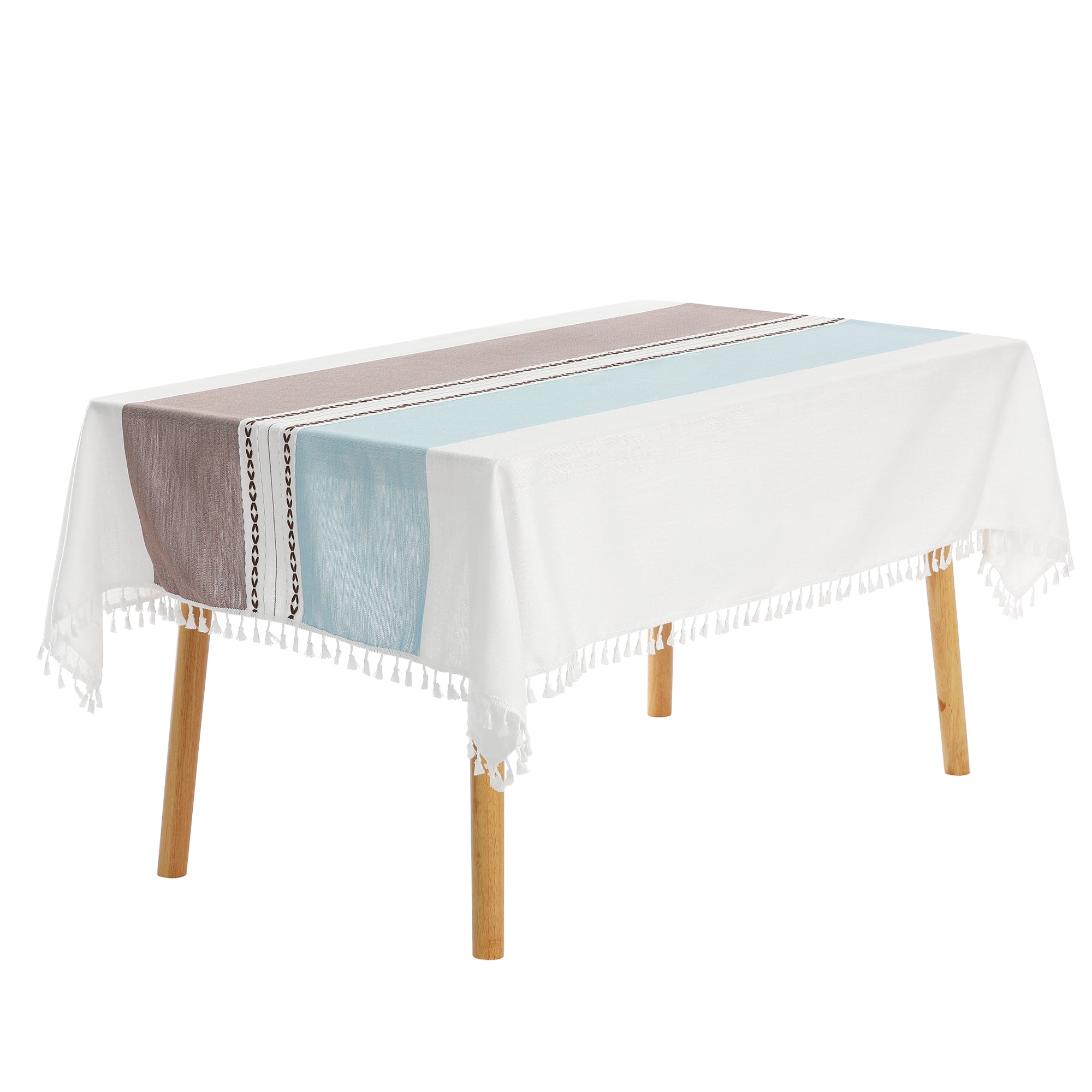 Unique Bargains Rustic Tablecloth Cotton Linen Waterproof Table Cover with Tassels, Blue Coffee 39"x63"