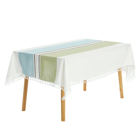 Unique Bargains Rustic Tablecloth Cotton Linen Waterproof Table Cover with Tassels, Blue Green 39"x63"