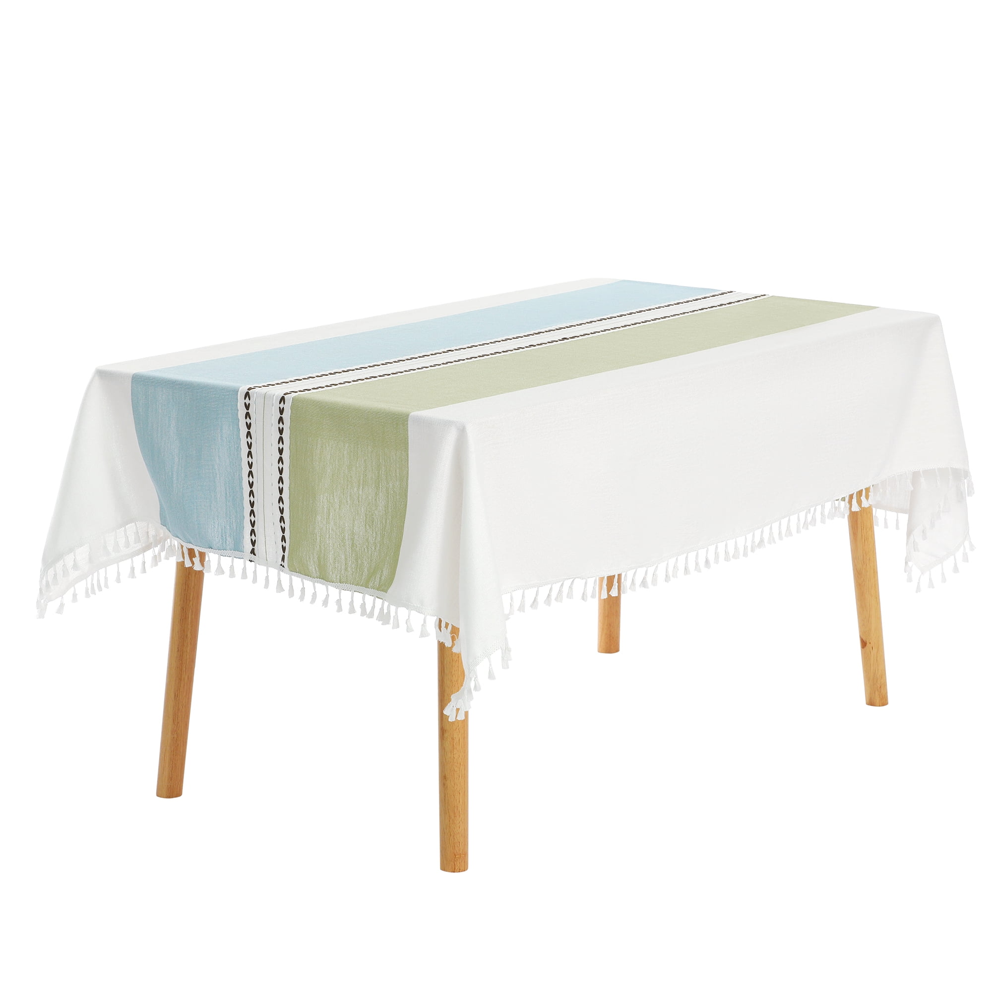 Unique Bargains Rustic Tablecloth Cotton Linen Waterproof Table Cover with Tassels, Blue Green 55"x71"