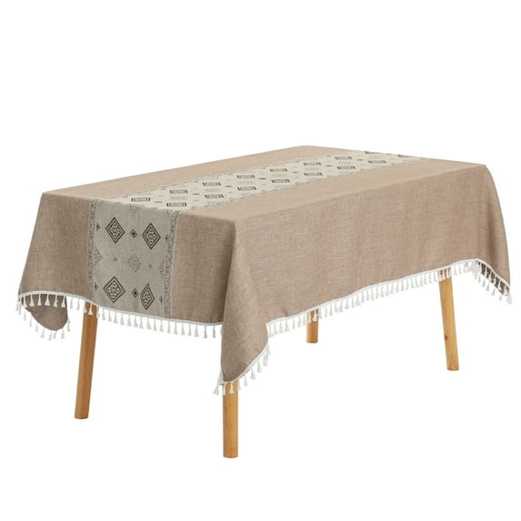 Unique Bargains Rustic Tablecloth Cotton Linen Waterproof Table Cover with Tassels, Checkered Coffee 55"x71"