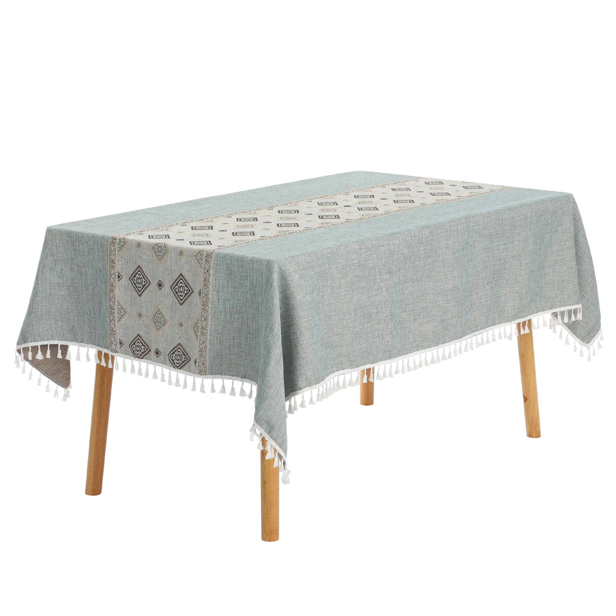 Unique Bargains Rustic Tablecloth Cotton Linen Waterproof Table Cover with Tassels, Checkered Green 55"x71"