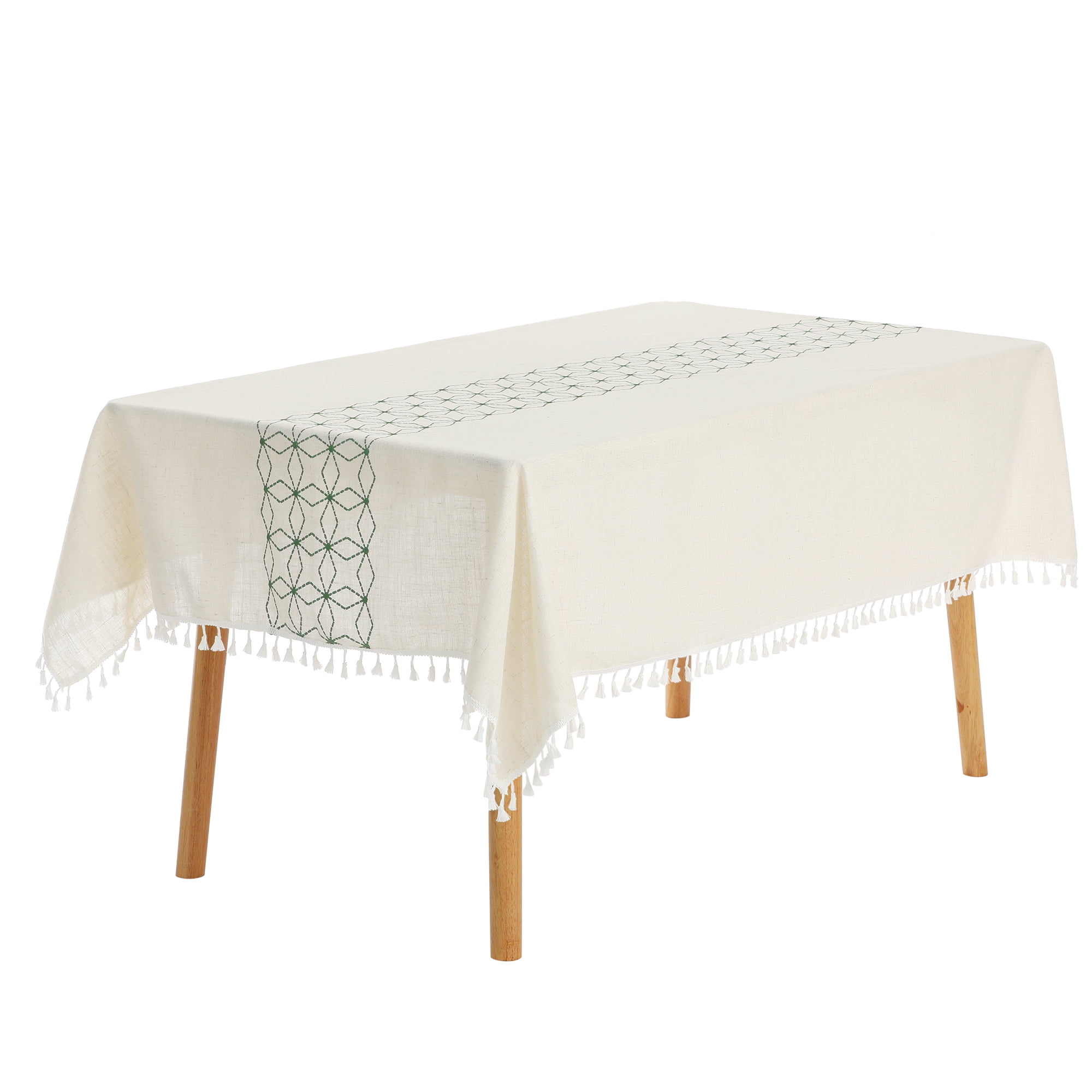 Unique Bargains Rustic Tablecloth Cotton Linen Waterproof Table Cover with Tassels, Diamond Green 35"x35"