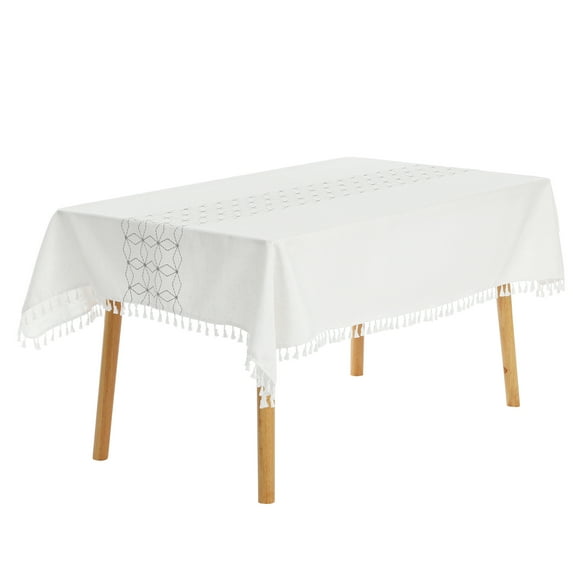 Unique Bargains Rustic Tablecloth Cotton Linen Waterproof Table Cover with Tassels, Diamond Grey 55"x71"