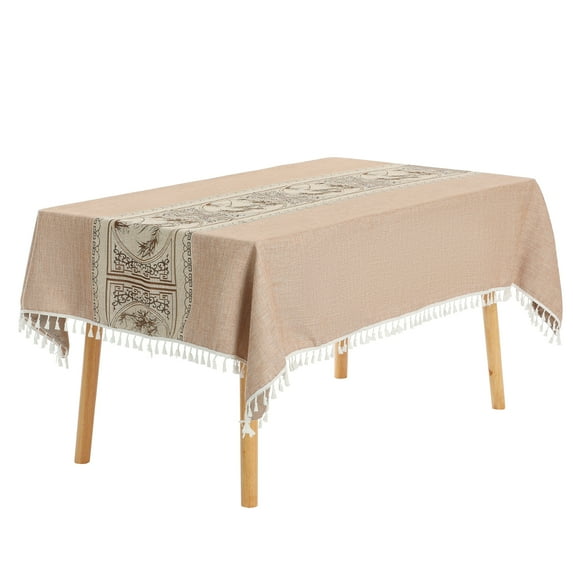 Unique Bargains Rustic Tablecloth Cotton Linen Waterproof Table Cover with Tassels, Garden Coffee 55"x79"