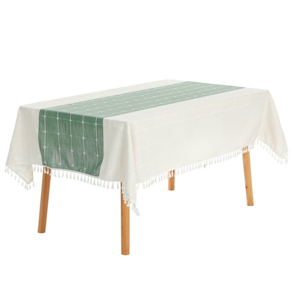 Unique Bargains Rustic Tablecloth Cotton Linen Waterproof Table Cover with Tassels, Green 39"x63"