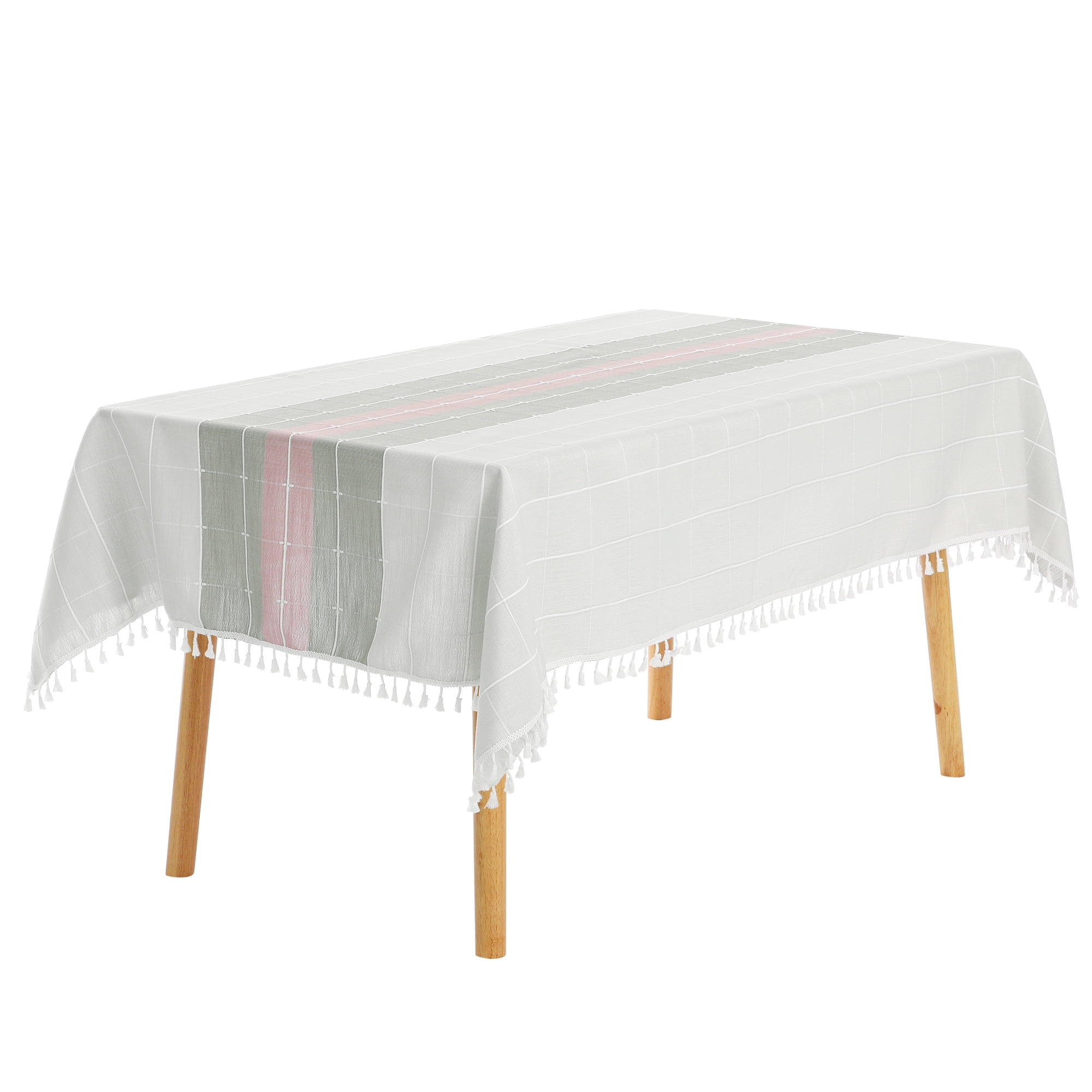 Unique Bargains Rustic Tablecloth Cotton Linen Waterproof Table Cover with Tassels, Pink Grey 55"x55"
