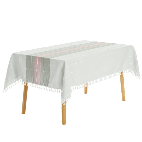 Unique Bargains Rustic Tablecloth Cotton Linen Waterproof Table Cover with Tassels, Pink Grey 55"x87"