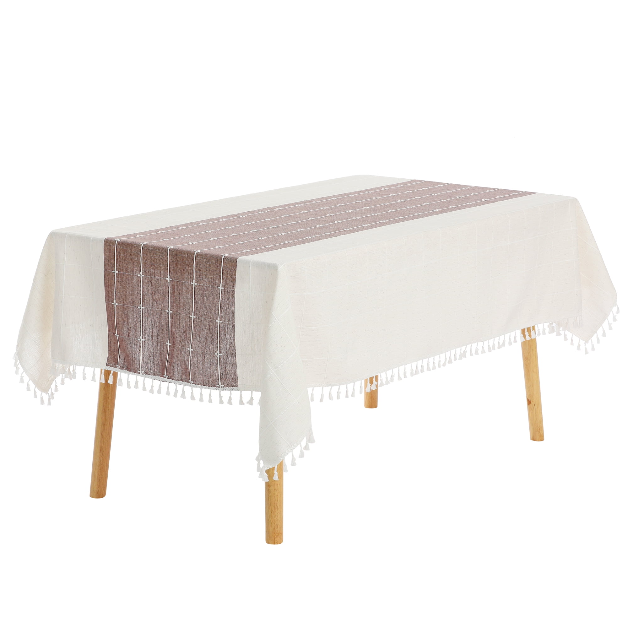 Unique Bargains Rustic Tablecloth Cotton Linen Waterproof Table Cover with Tassels, Purple 55"x55"