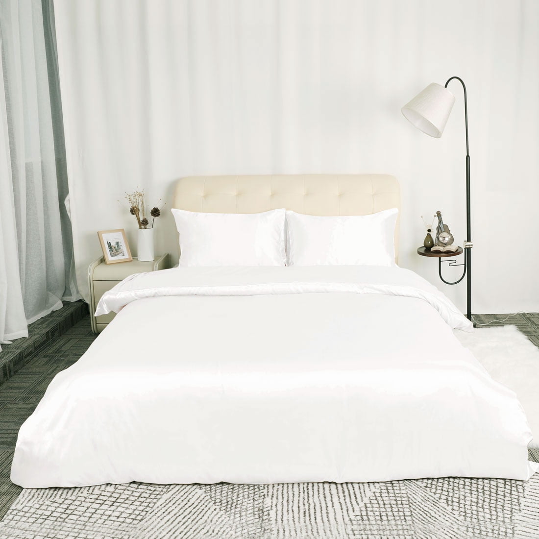 Unique Bargains Satin Duvet Cover Set of 3 with 2 Pillowcase King Cream White