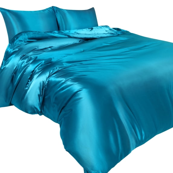 Unique Bargains Satin Duvet Cover Set of 3 with 2 Pillowcase King Peacock Blue
