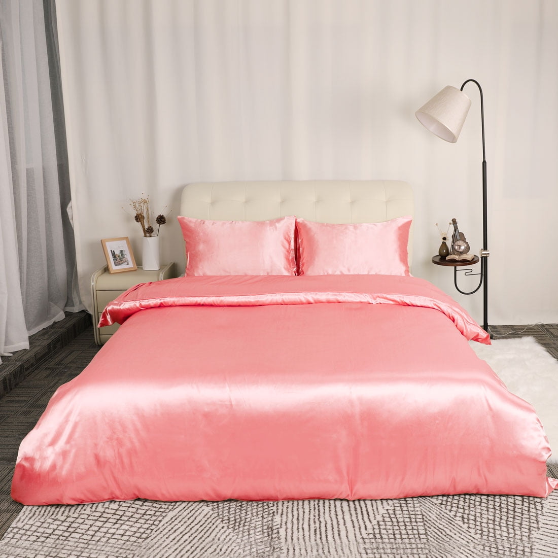 Unique Bargains Satin Duvet Cover Set of 3 with 2 Pillowcase King Pink