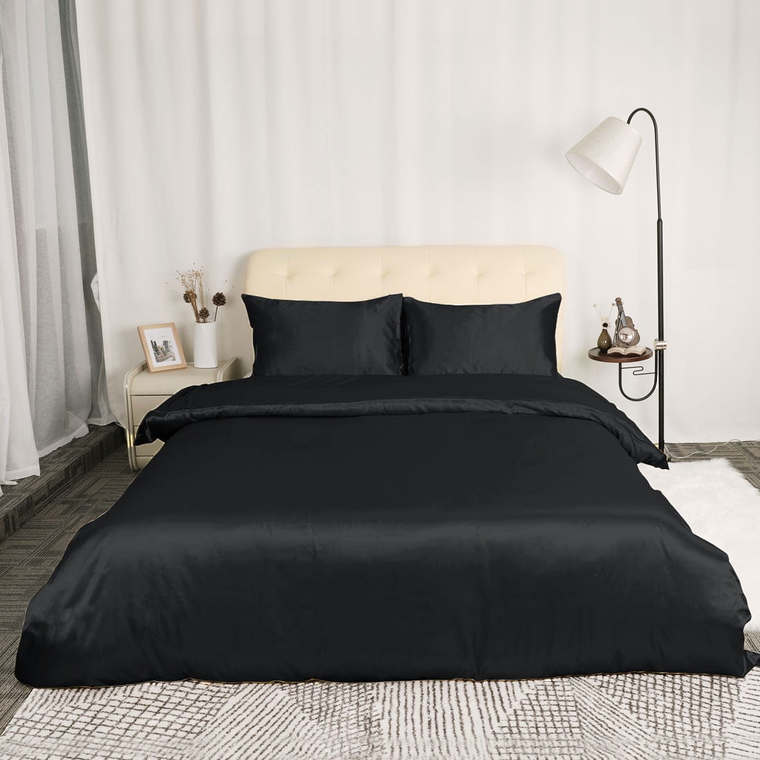 Unique Bargains Satin Duvet Cover Set of 3 with 2 Pillowcase Queen Black