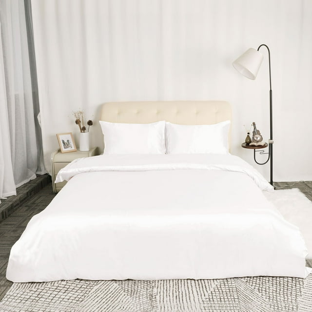 Unique Bargains Satin Duvet Cover Set of 3 with 2 Pillowcase Queen Cream White