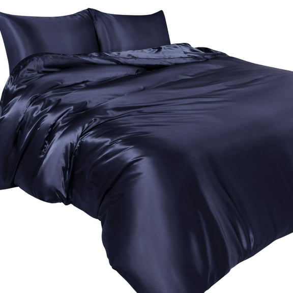 Unique Bargains Satin Duvet Cover Set of 3 with 2 Pillowcase Queen Navy